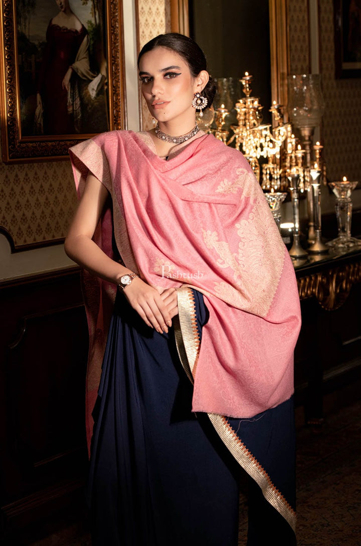 Pashtush India Womens Shawls Pashtush womens Fine Wool shawl, Tone on Tone Palla Embroidery design, Light Pink