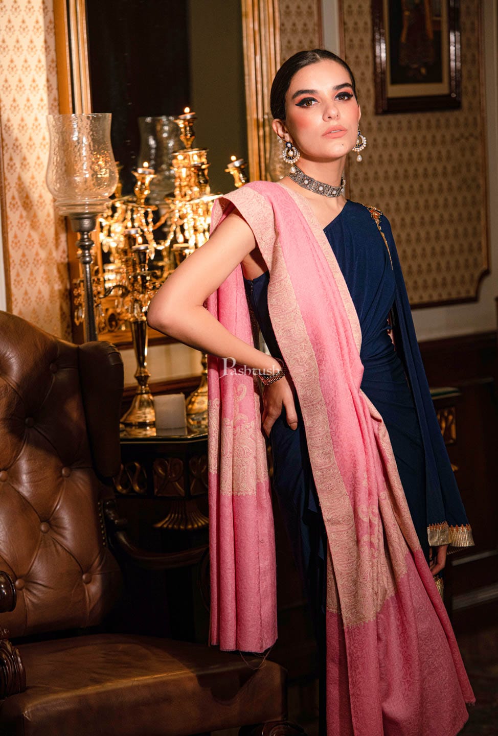 Pashtush India Womens Shawls Pashtush womens Fine Wool shawl, Tone on Tone Palla Embroidery design, Light Pink