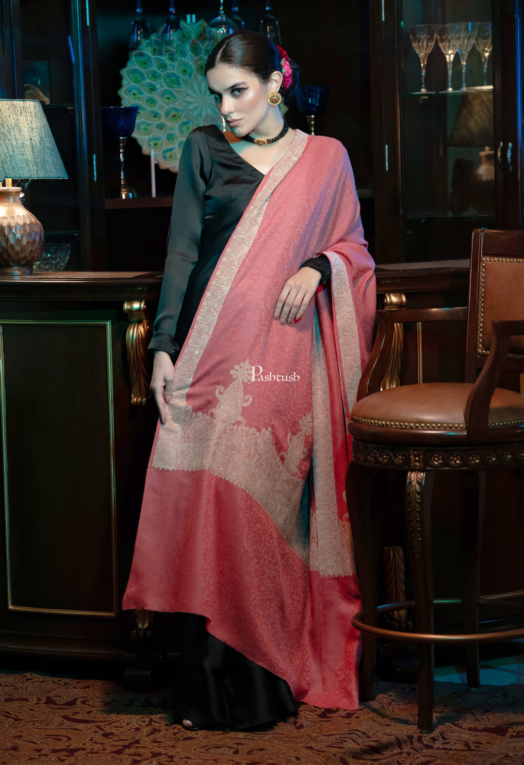 Pashtush India Womens Shawls Pashtush womens Fine Wool shawl, Tone on Tone Palla Embroidery design, Peach