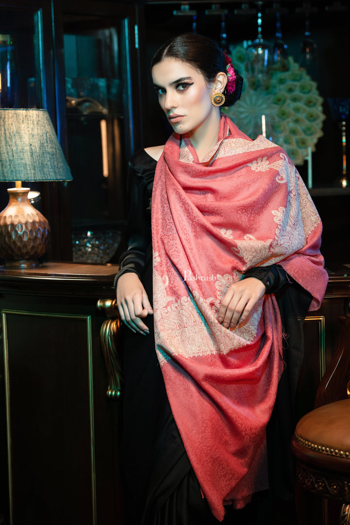 Pashtush womens Fine Wool shawl, Tone on Tone Palla Embroidery design, Peach