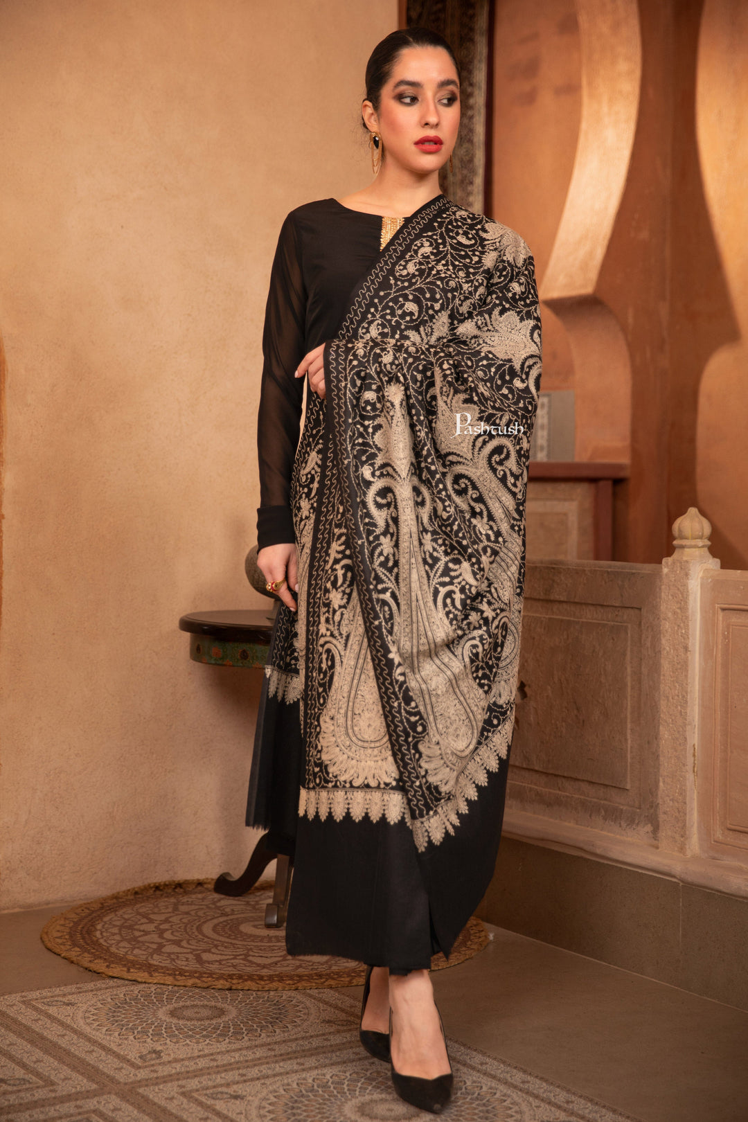 Pashtush India Womens Shawls Pashtush Womens Fine Wool Shawl, Tone On Tone Sangeen Jaal Embroidery Design, Black