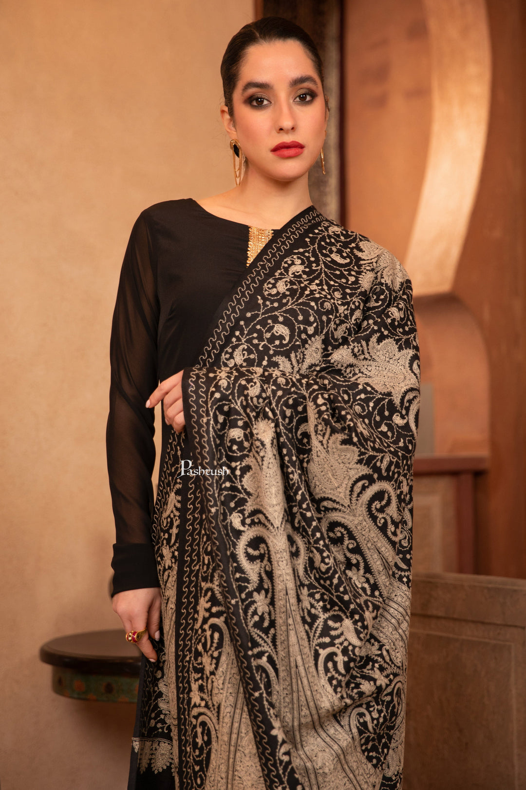 Pashtush India Womens Shawls Pashtush Womens Fine Wool Shawl, Tone On Tone Sangeen Jaal Embroidery Design, Black