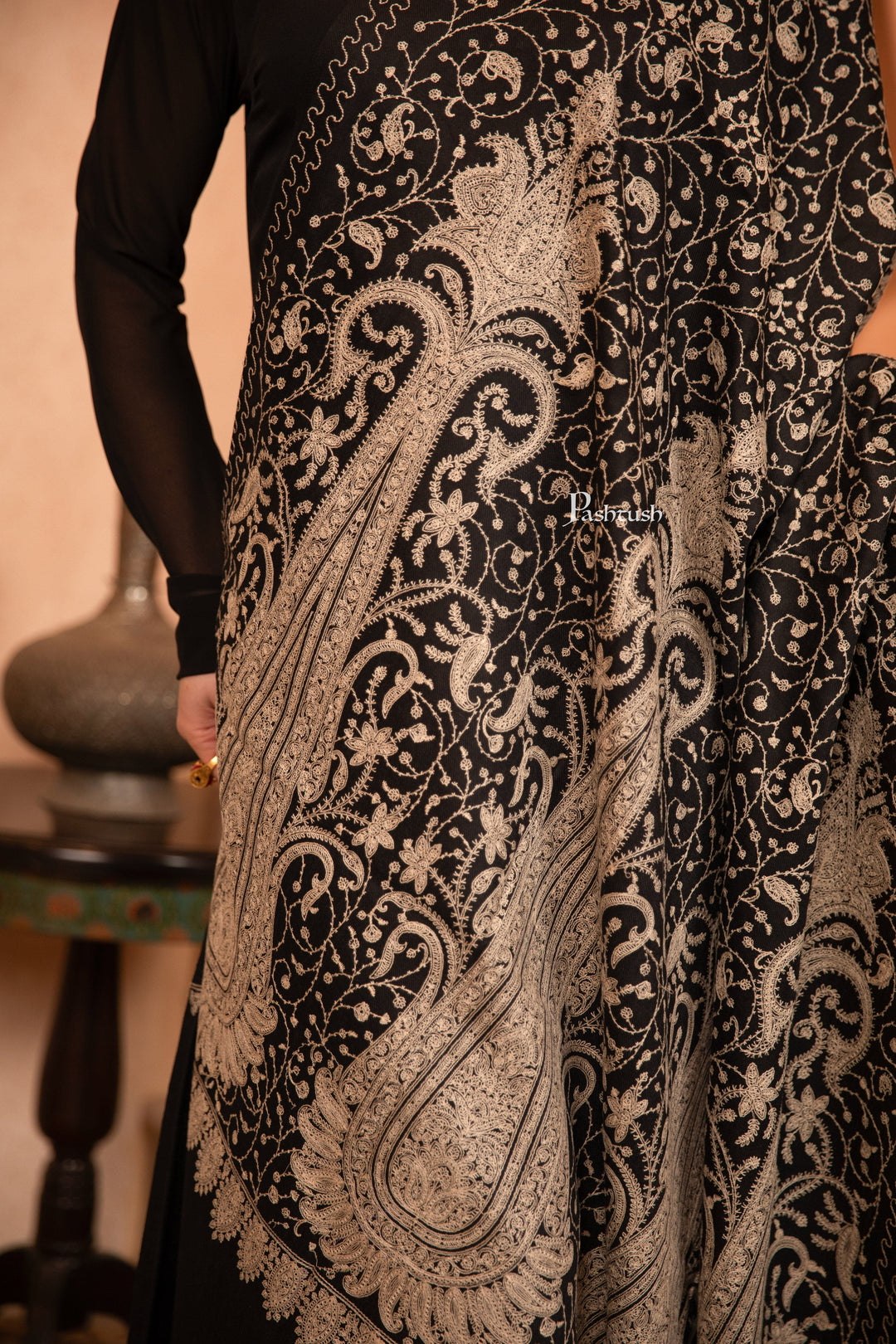 Pashtush India Womens Shawls Pashtush Womens Fine Wool Shawl, Tone On Tone Sangeen Jaal Embroidery Design, Black