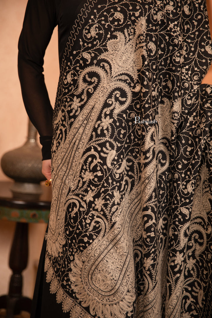 Pashtush India Womens Shawls Pashtush Womens Fine Wool Shawl, Tone On Tone Sangeen Jaal Embroidery Design, Black