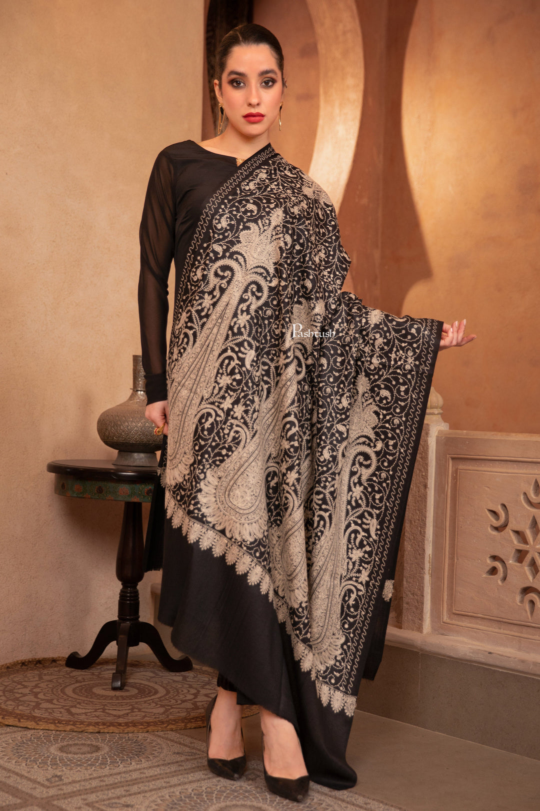 Pashtush India Womens Shawls Pashtush Womens Fine Wool Shawl, Tone On Tone Sangeen Jaal Embroidery Design, Black