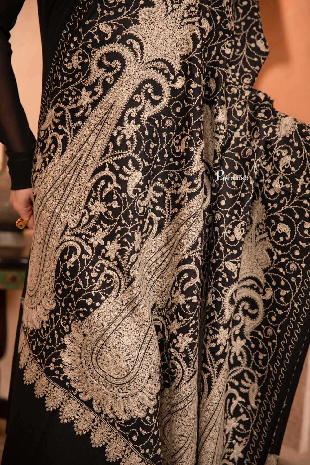 Pashtush India Womens Shawls Pashtush Womens Fine Wool Shawl, Tone On Tone Sangeen Jaal Embroidery Design, Black
