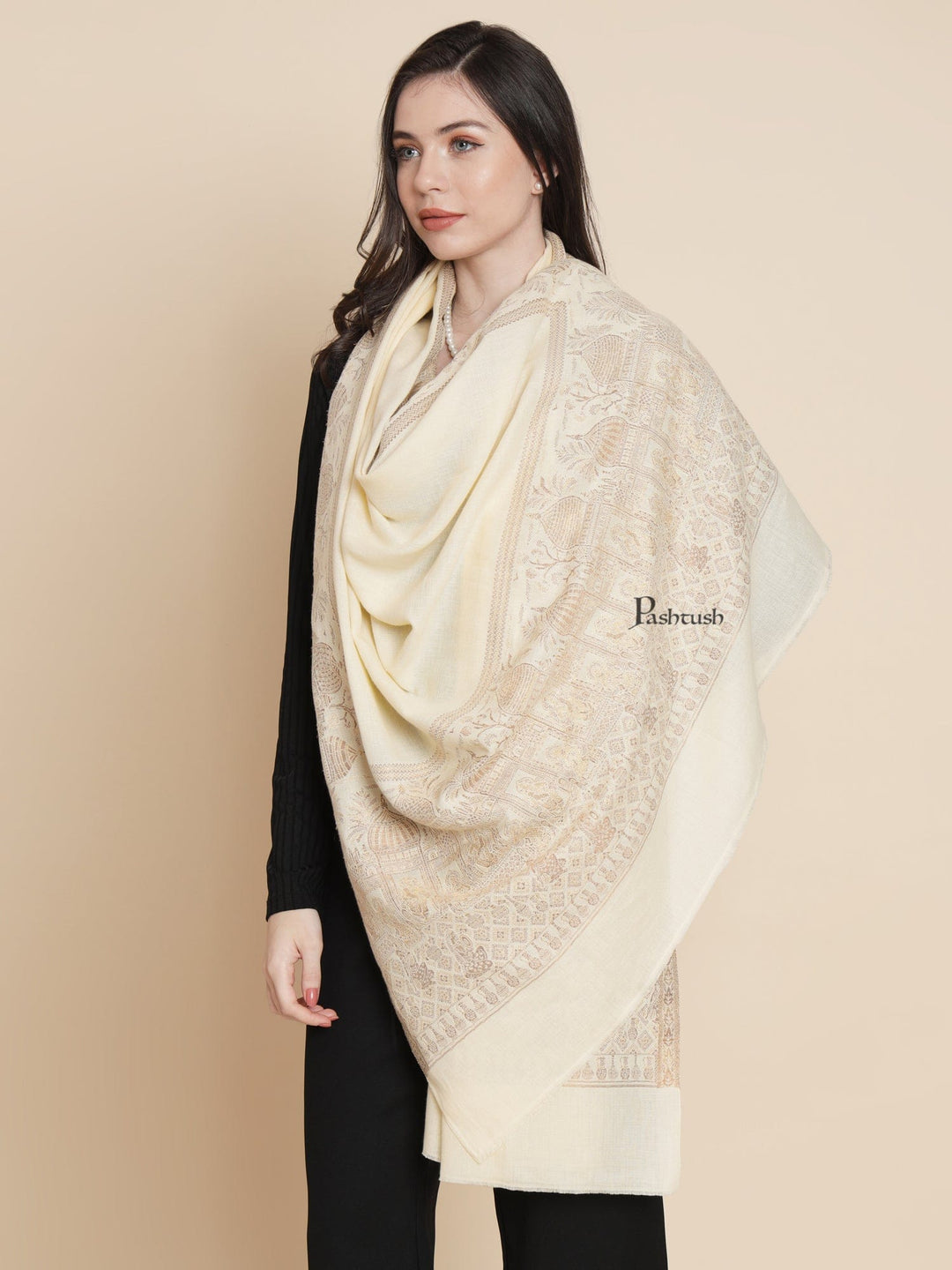 Pashtush India Womens Shawls Pashtush Womens Fine Wool Shawl, Twilight Collection, Persian Palace Dreams Design, Ivory