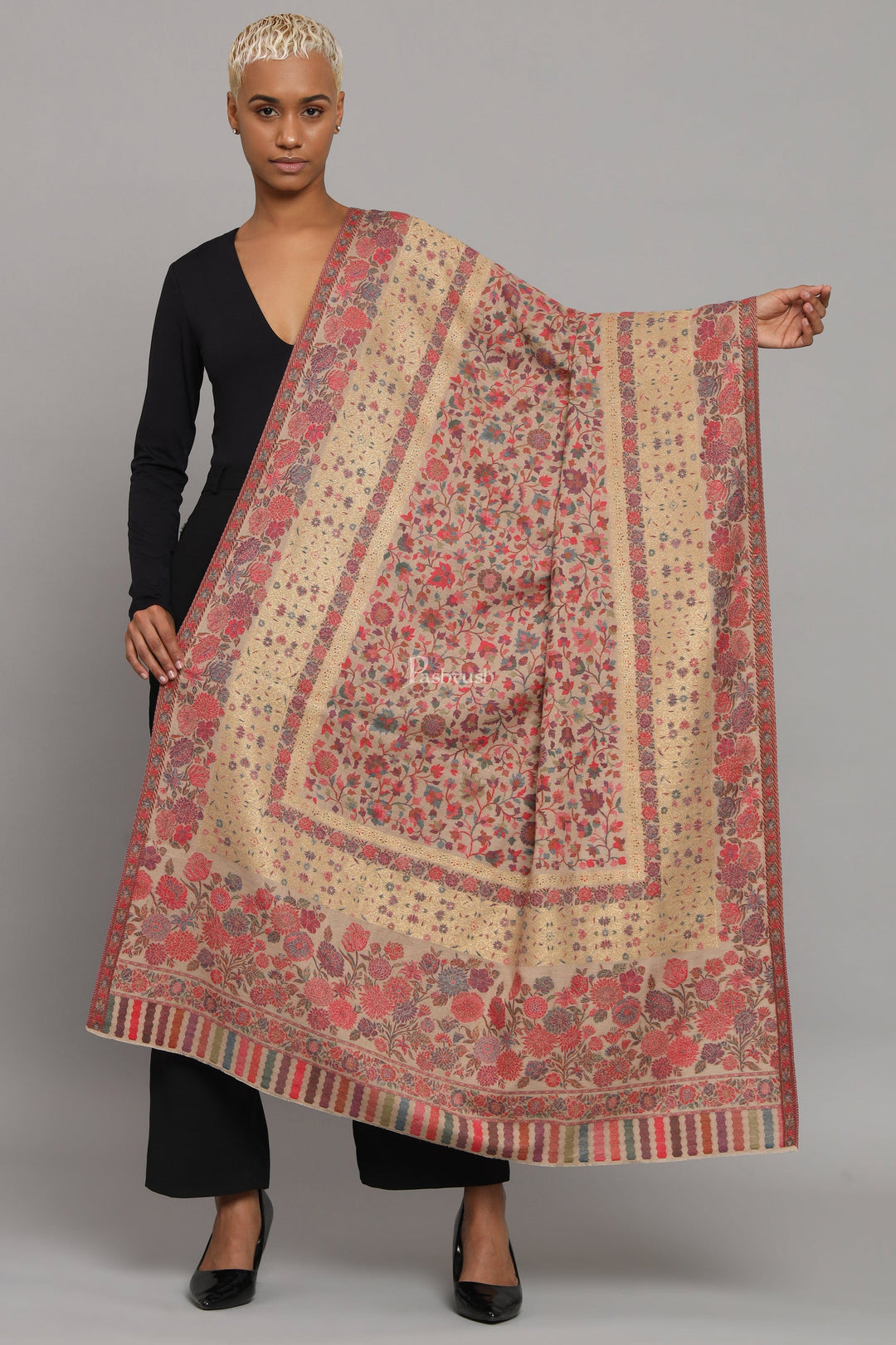 Pashtush India Womens Shawls Pashtush Womens Fine Wool Shawl, Twilight Collection, Woven With Metallic Floral Design, Beige