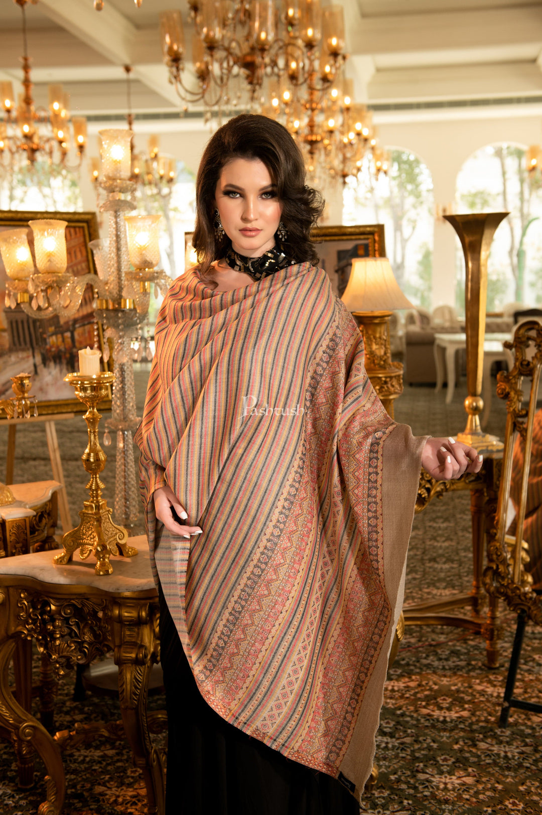 Pashtush India Womens Shawls Pashtush Womens Fine Wool Shawl, With Aztec Weave Striped Palla, Taupe