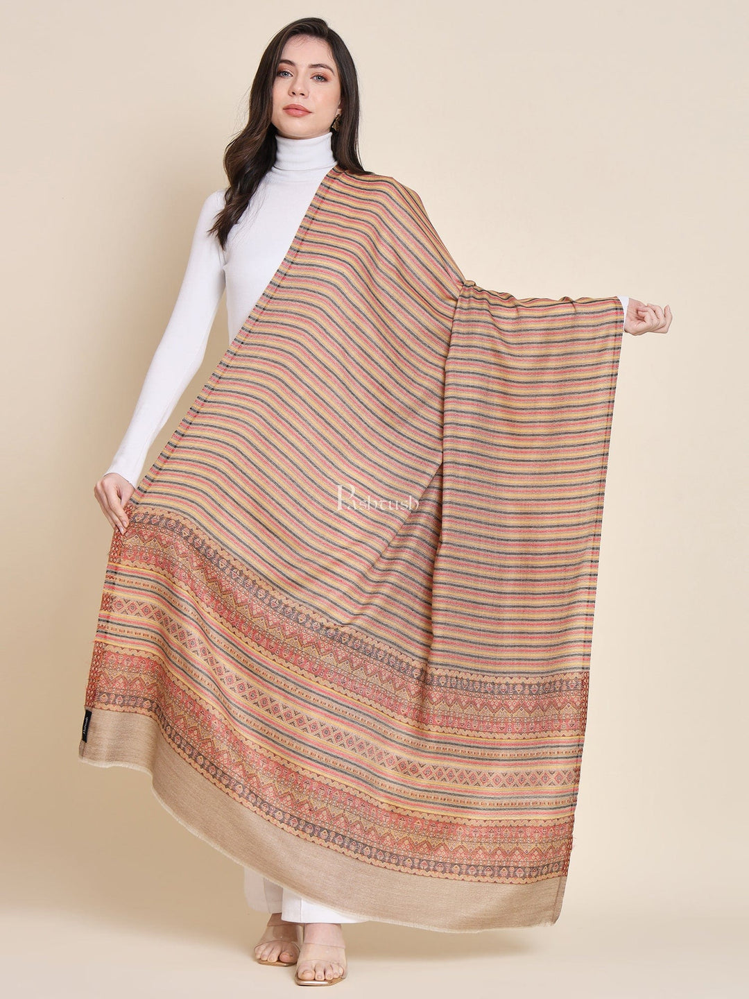Pashtush India Womens Shawls Pashtush Womens Fine Wool Shawl, With Aztec Weave Striped Palla, Taupe