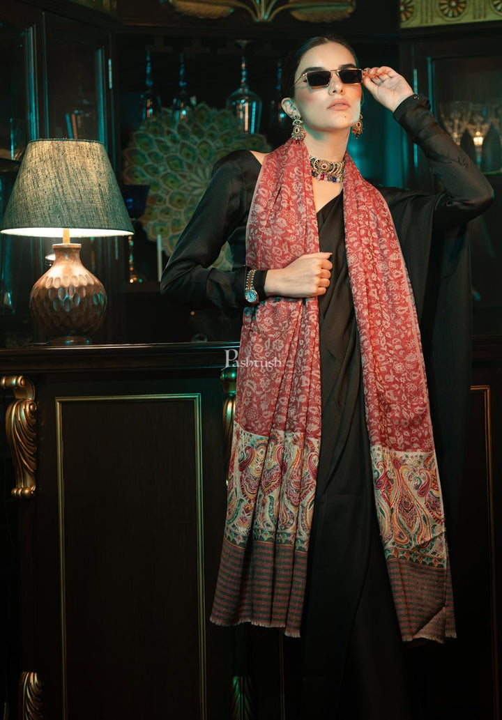 Pashtush India Womens Shawls Pashtush womens Fine Wool shawl, With Embroidered Ethnic Palla design, Soft and Warm