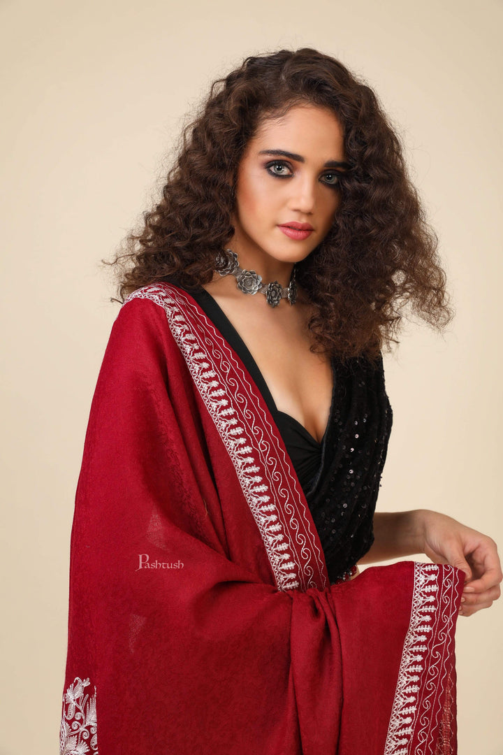 Pashtush India 114x228 Pashtush Womens Fine Wool Shawl, With Tone on Tone Nalki Embroidery, Soft and Warm
