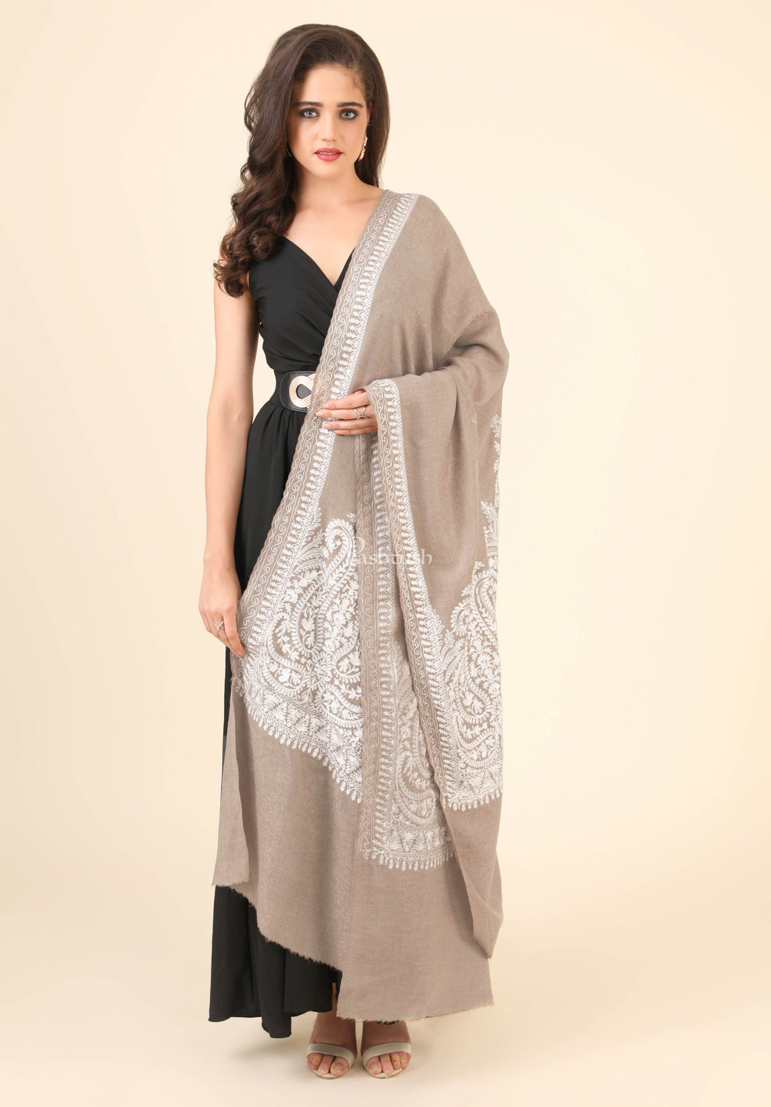 Pashtush India Womens Shawls Pashtush Womens Fine Wool Shawl, With Tone On Tone Nalki Embroidery, Soft And Warm, Beige