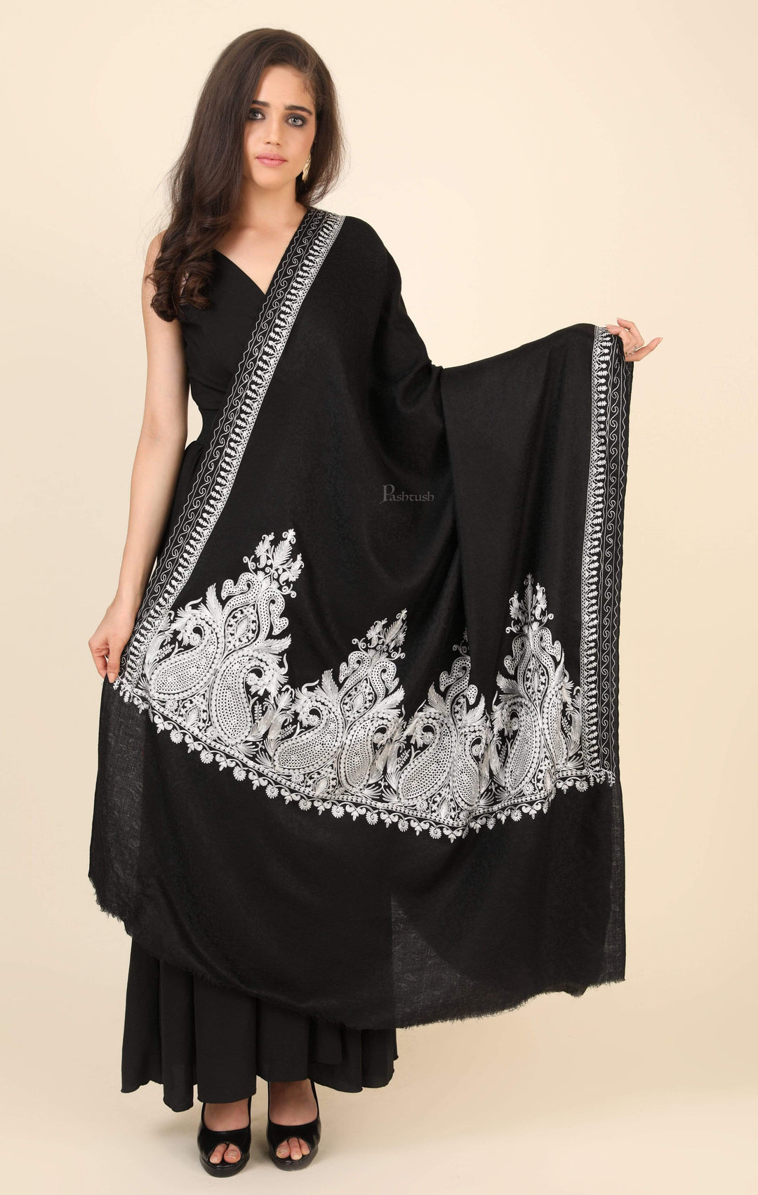Pashtush India 114x228 Pashtush Womens Fine Wool Shawl, With Tone on Tone Nalki Embroidery, Soft and Warm, Black