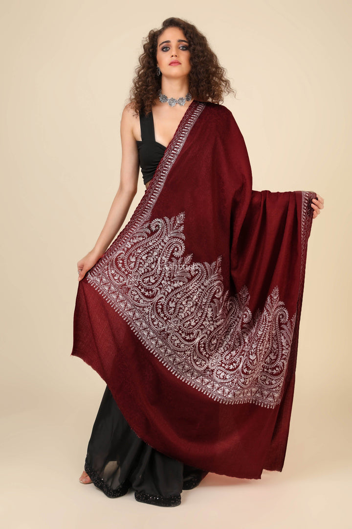 Pashtush India Womens Shawls Pashtush Womens Fine Wool Shawl, With Tone On Tone Nalki Embroidery, Soft And Warm, Maroon