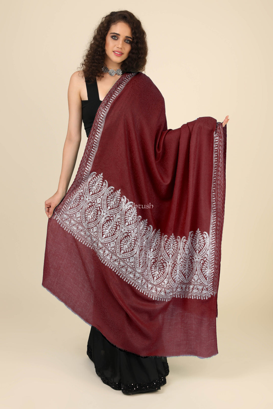 Pashtush India Womens Shawls Pashtush Womens Fine Wool Shawl, With Tone On Tone Nalki Embroidery, Soft And Warm, Maroon