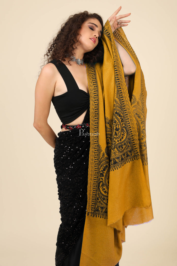 Pashtush India Womens Shawls Pashtush Womens Fine Wool Shawl, With Tone On Tone Nalki Embroidery, Soft And Warm, Mustard