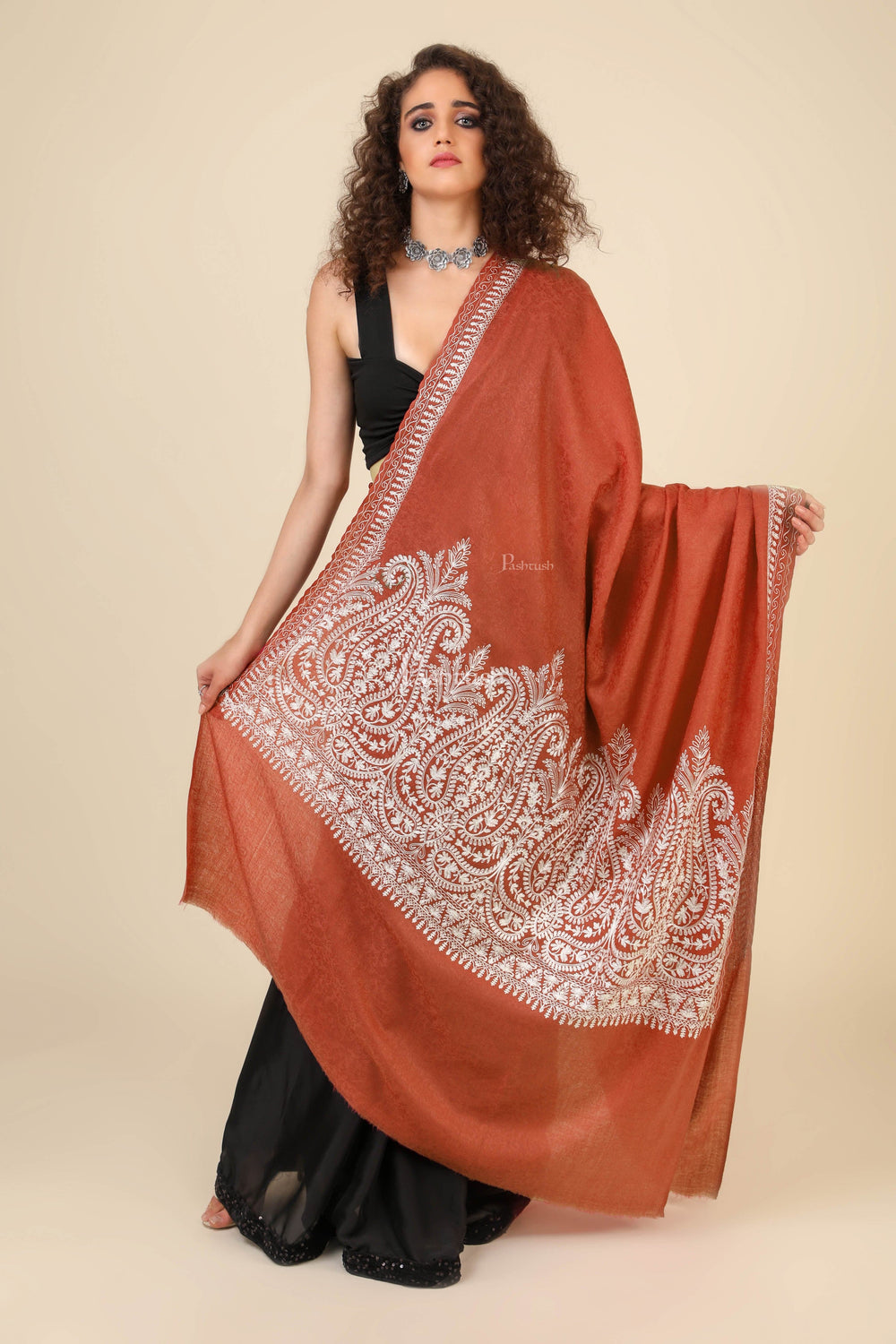 Pashtush India Womens Shawls Pashtush Womens Fine Wool Shawl, With Tone On Tone Nalki Embroidery, Soft And Warm, Orange