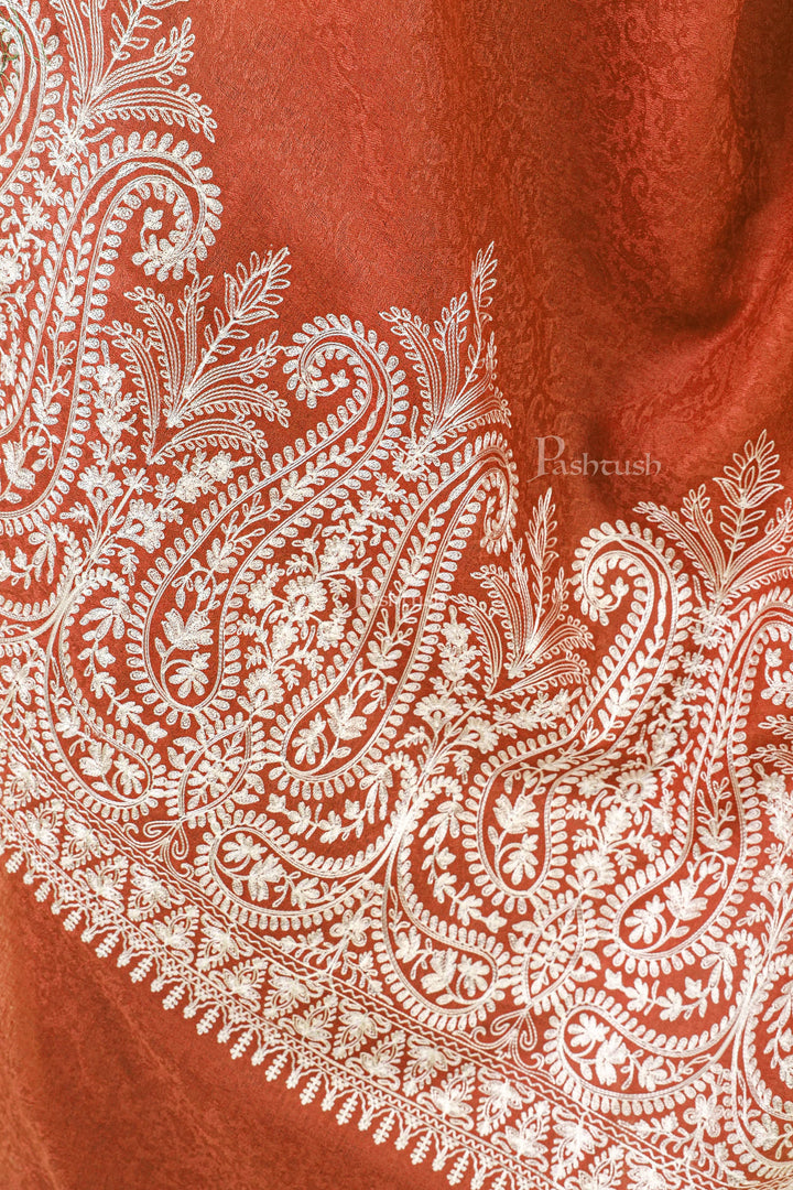 Pashtush India Womens Shawls Pashtush Womens Fine Wool Shawl, With Tone On Tone Nalki Embroidery, Soft And Warm, Orange