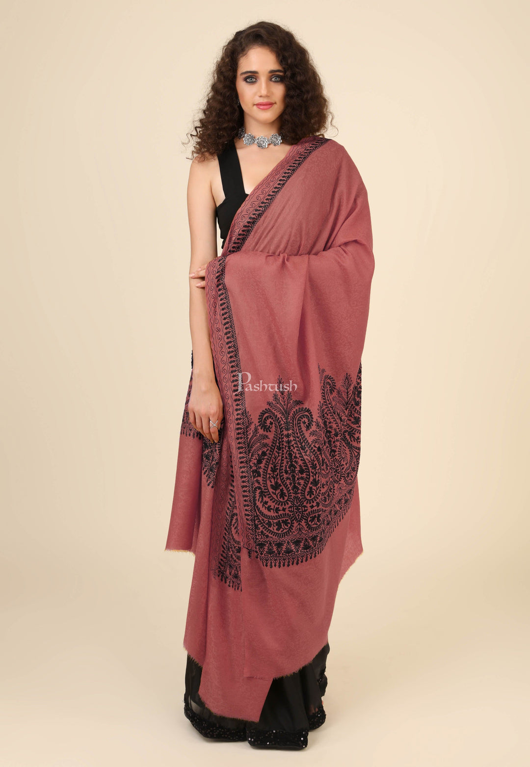 Pashtush India Womens Shawls Pashtush Womens Fine Wool Shawl, With Tone On Tone Nalki Embroidery, Soft And Warm, Rose