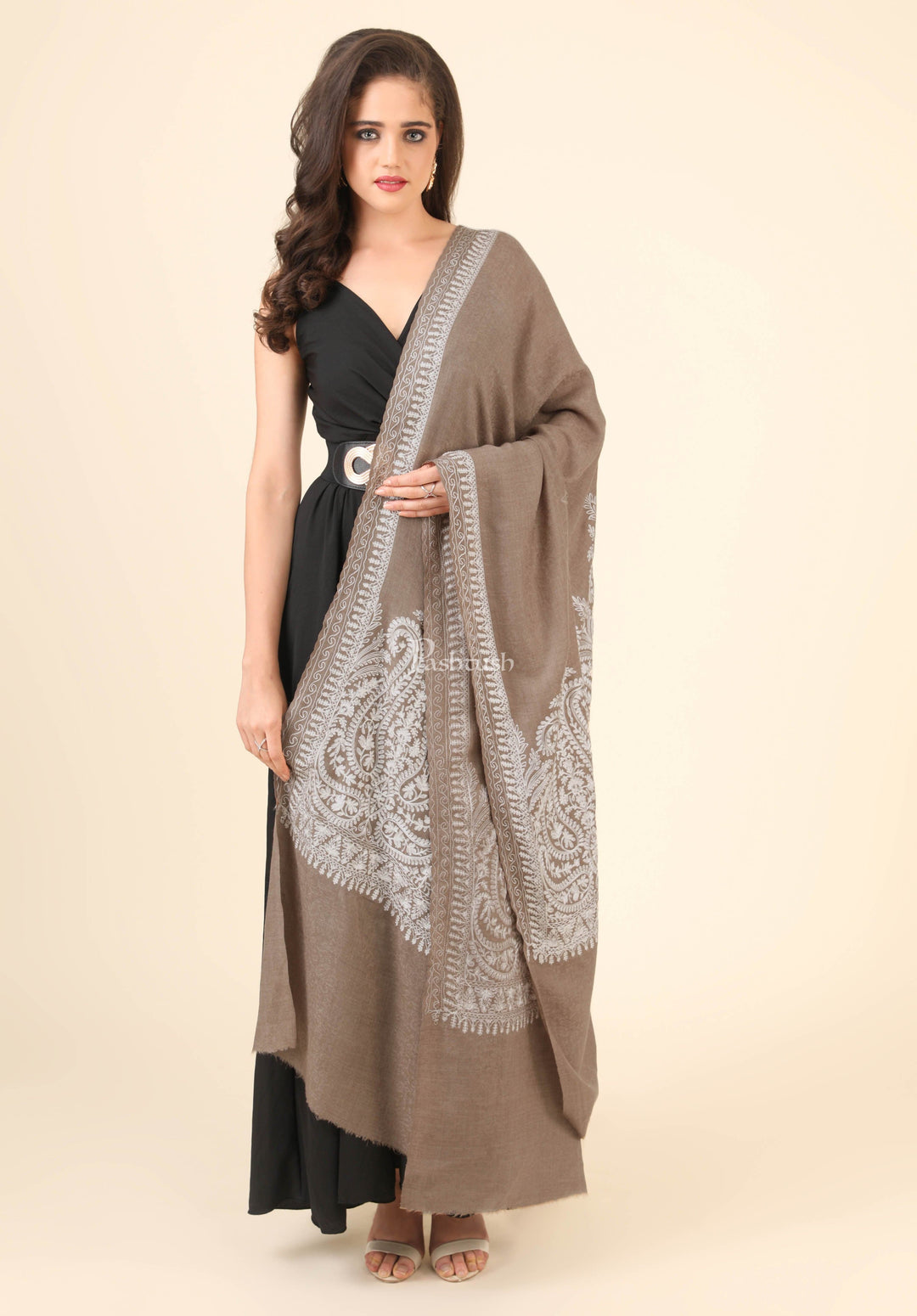 Pashtush India Womens Shawls Pashtush Womens Fine Wool Shawl, With Tone On Tone Nalki Embroidery, Soft And Warm, Taupe