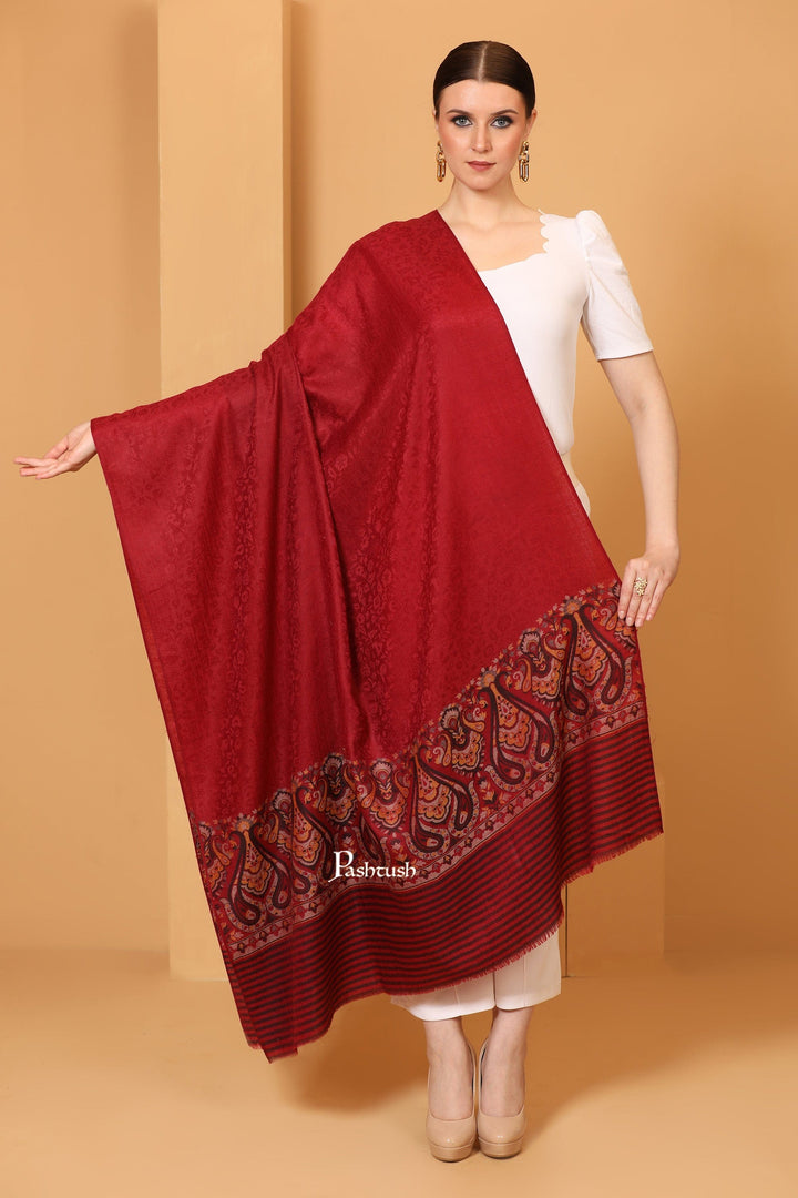 Pashtush India Womens Shawls Pashtush Womens Fine Wool Shawl, Woven Design, Ethnic Weave Palla, Crimson Maroon