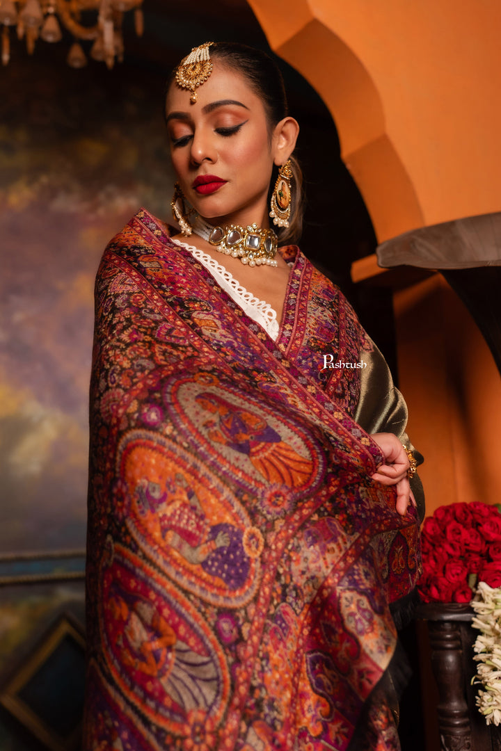 Pashtush India Womens Shawls Pashtush Womens Fine Wool Shawl, Woven King And Queen Design, Multicolour