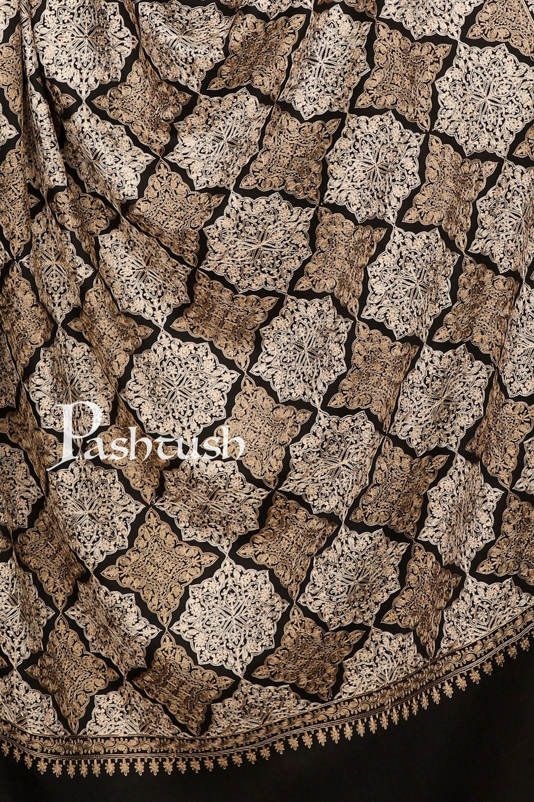 Pashtush India 70x200 Pashtush Womens Fine Wool, Silky Nalki Embroidery Needlework Pure Shawl, Black