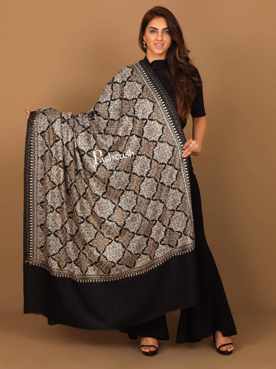 Pashtush India 70x200 Pashtush Womens Fine Wool, Silky Nalki Embroidery Needlework Pure Shawl, Black