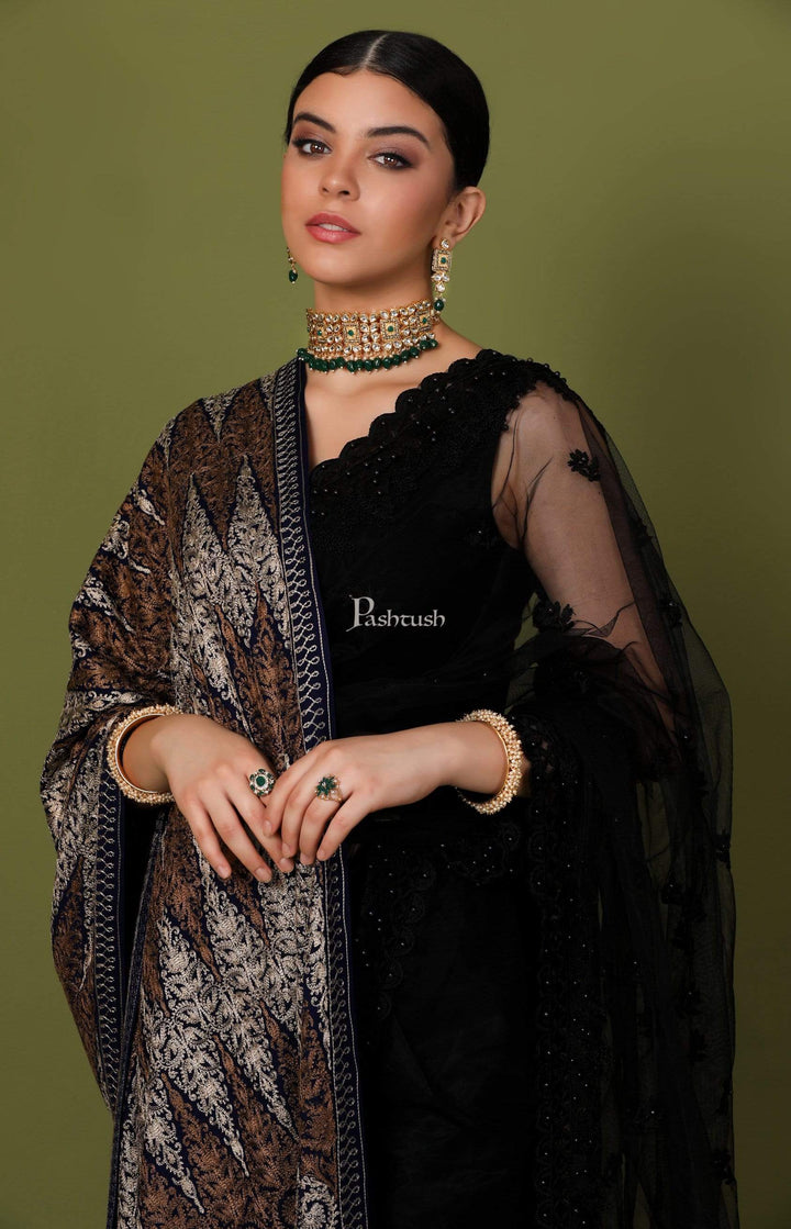 Pashtush Store Stole Pashtush Womens Fine Wool, Silky Nalki Embroidery Needlework Stole, Black