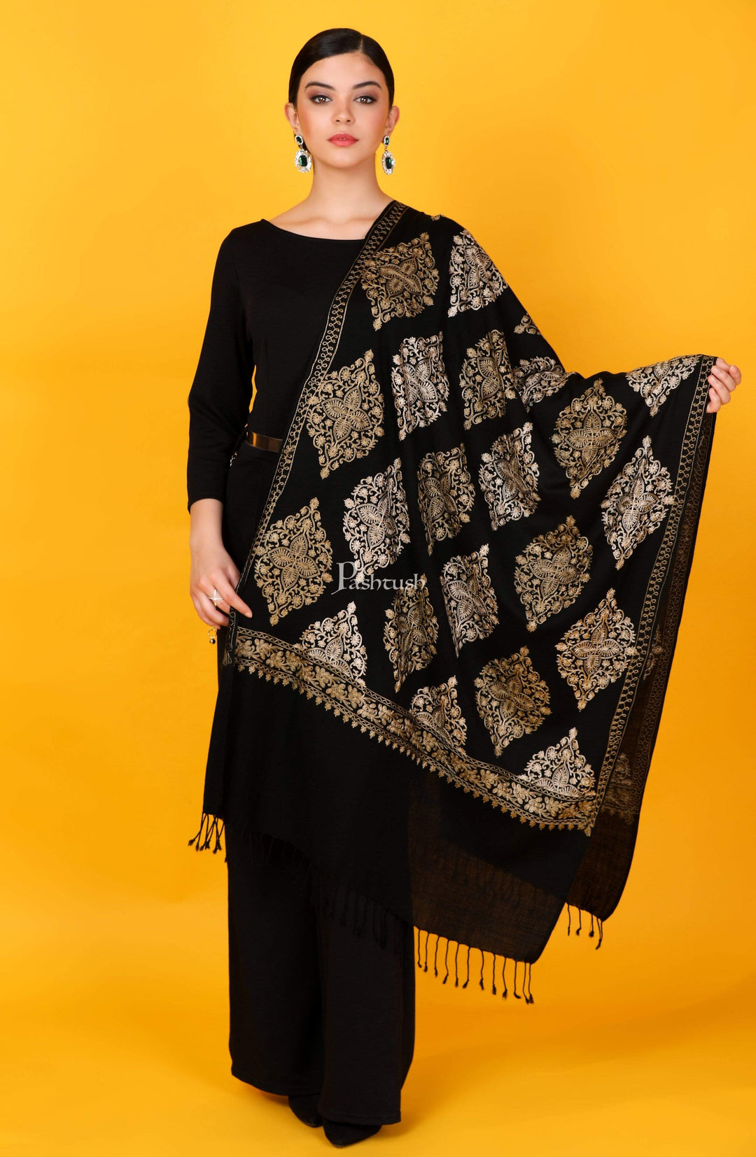 Pashtush Store Stole Pashtush Womens Fine Wool, Silky Nalki Embroidery Needlework Stole, Black