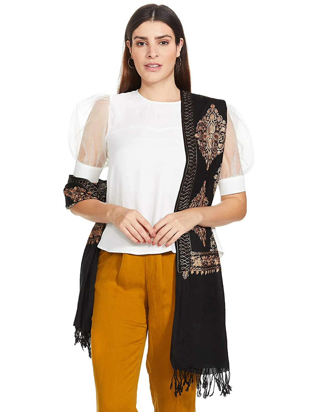 Pashtush India 70x200 Pashtush Womens Fine Wool, Silky Nalki Embroidery Needlework Stole, Black