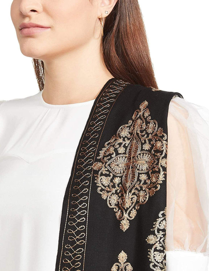Pashtush India 70x200 Pashtush Womens Fine Wool, Silky Nalki Embroidery Needlework Stole, Black