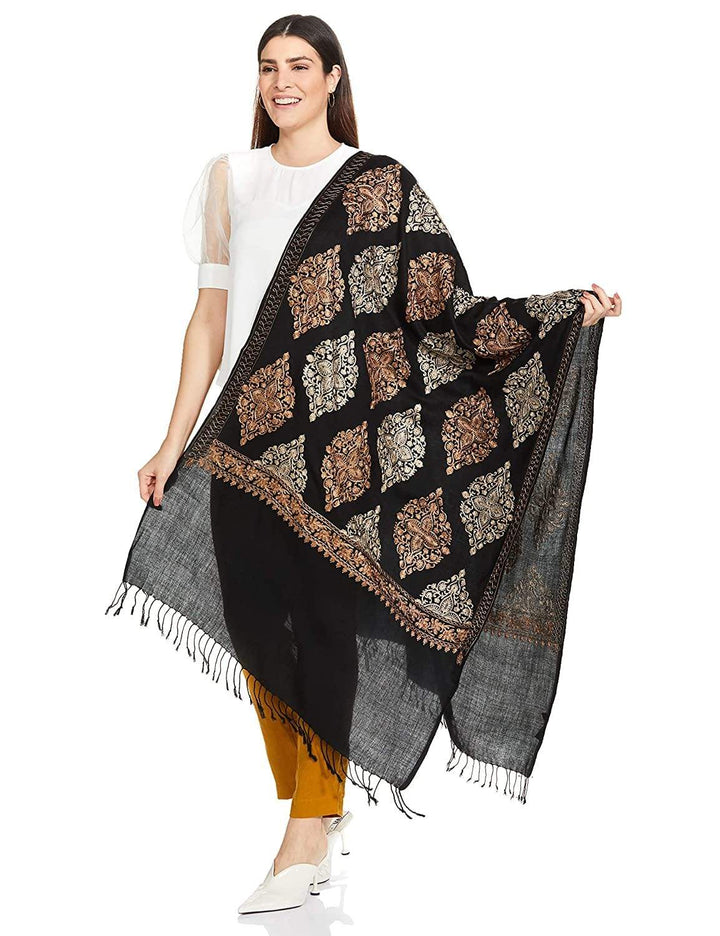 Pashtush India 70x200 Pashtush Womens Fine Wool, Silky Nalki Embroidery Needlework Stole, Black