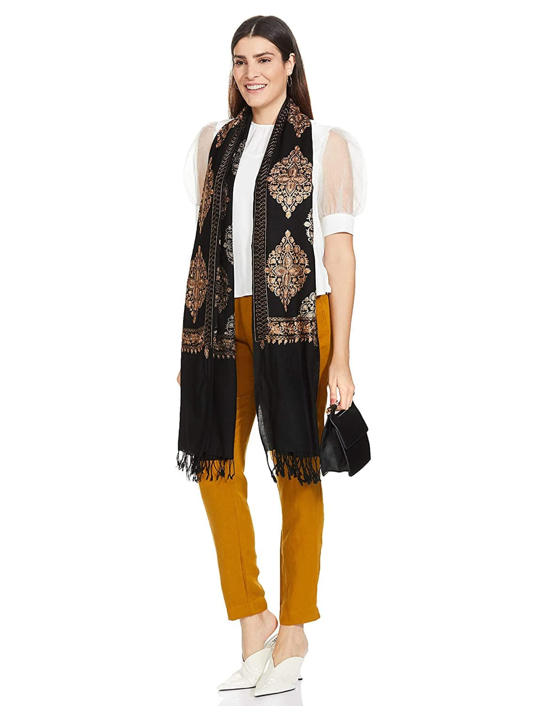 Pashtush India 70x200 Pashtush Womens Fine Wool, Silky Nalki Embroidery Needlework Stole, Black