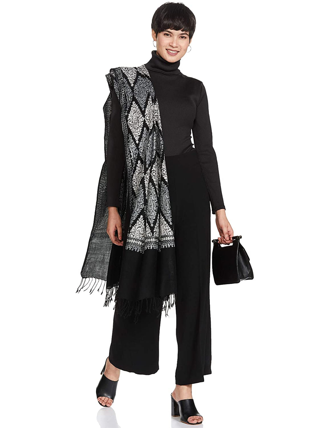 Pashtush India 70x200 Pashtush Womens Fine Wool, Silky Nalki Embroidery Needlework Stole, Black