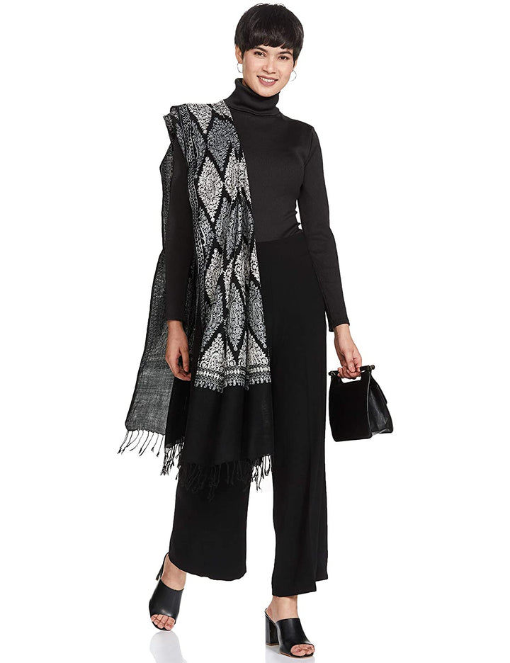 Pashtush India 70x200 Pashtush Womens Fine Wool, Silky Nalki Embroidery Needlework Stole, Black