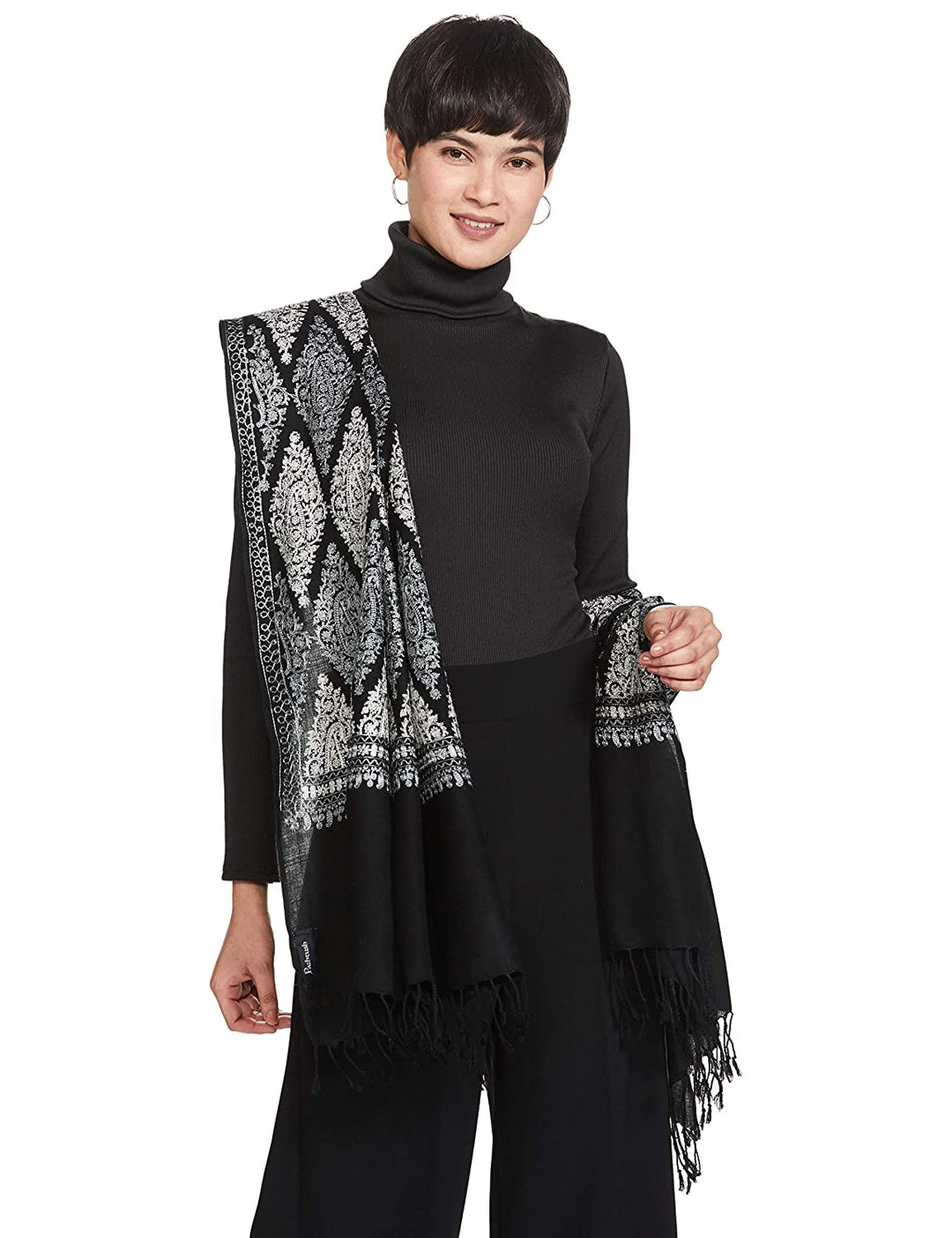 Pashtush India Womens Stoles and Scarves Scarf Pashtush Womens Fine Wool, Silky Nalki Embroidery Needlework Stole, Black