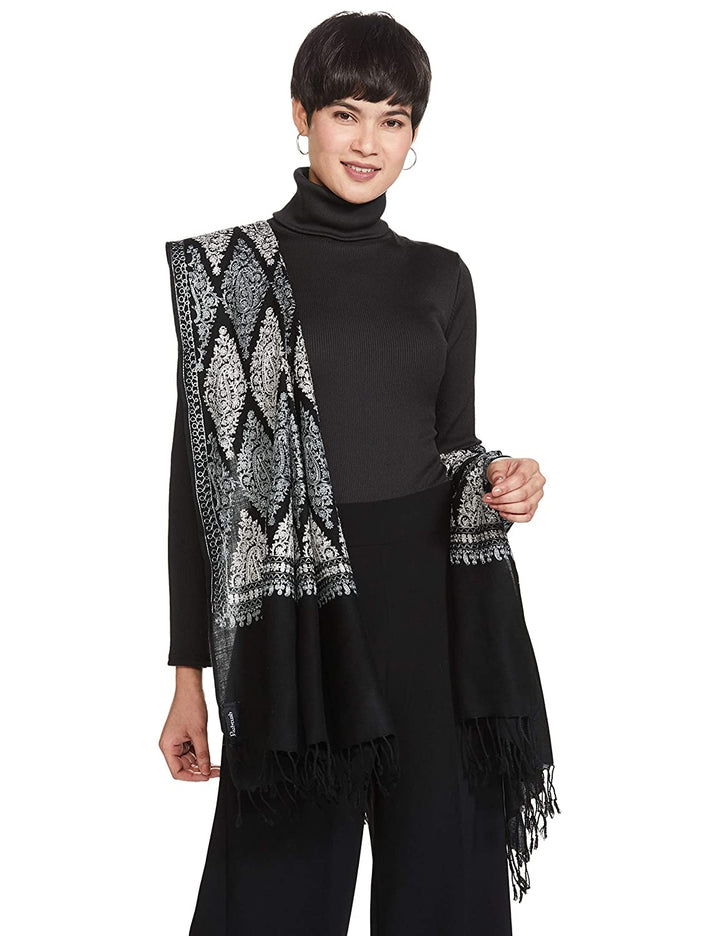 Pashtush India Womens Stoles and Scarves Scarf Pashtush Womens Fine Wool, Silky Nalki Embroidery Needlework Stole, Black