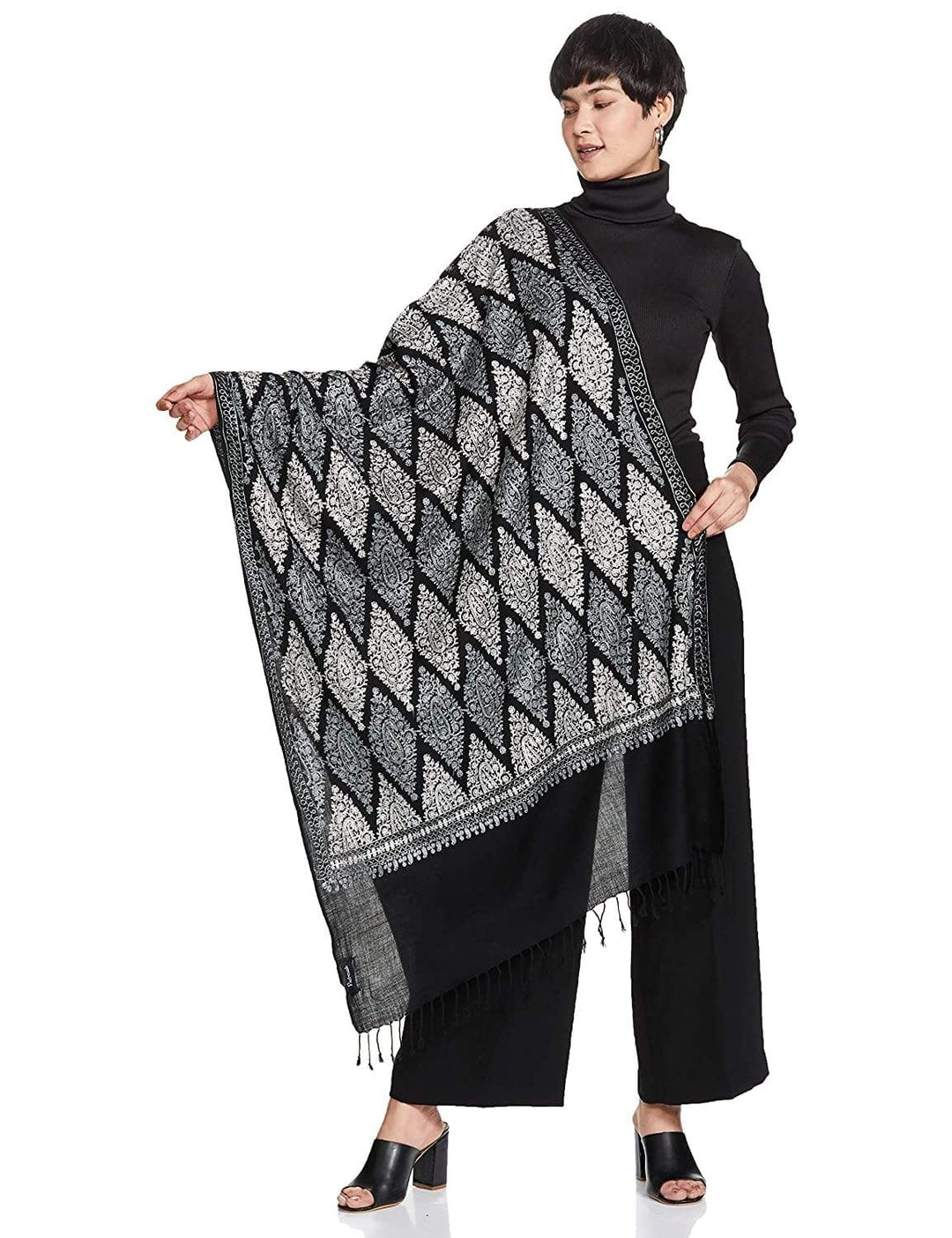 Pashtush India Womens Stoles and Scarves Scarf Pashtush Womens Fine Wool, Silky Nalki Embroidery Needlework Stole, Black