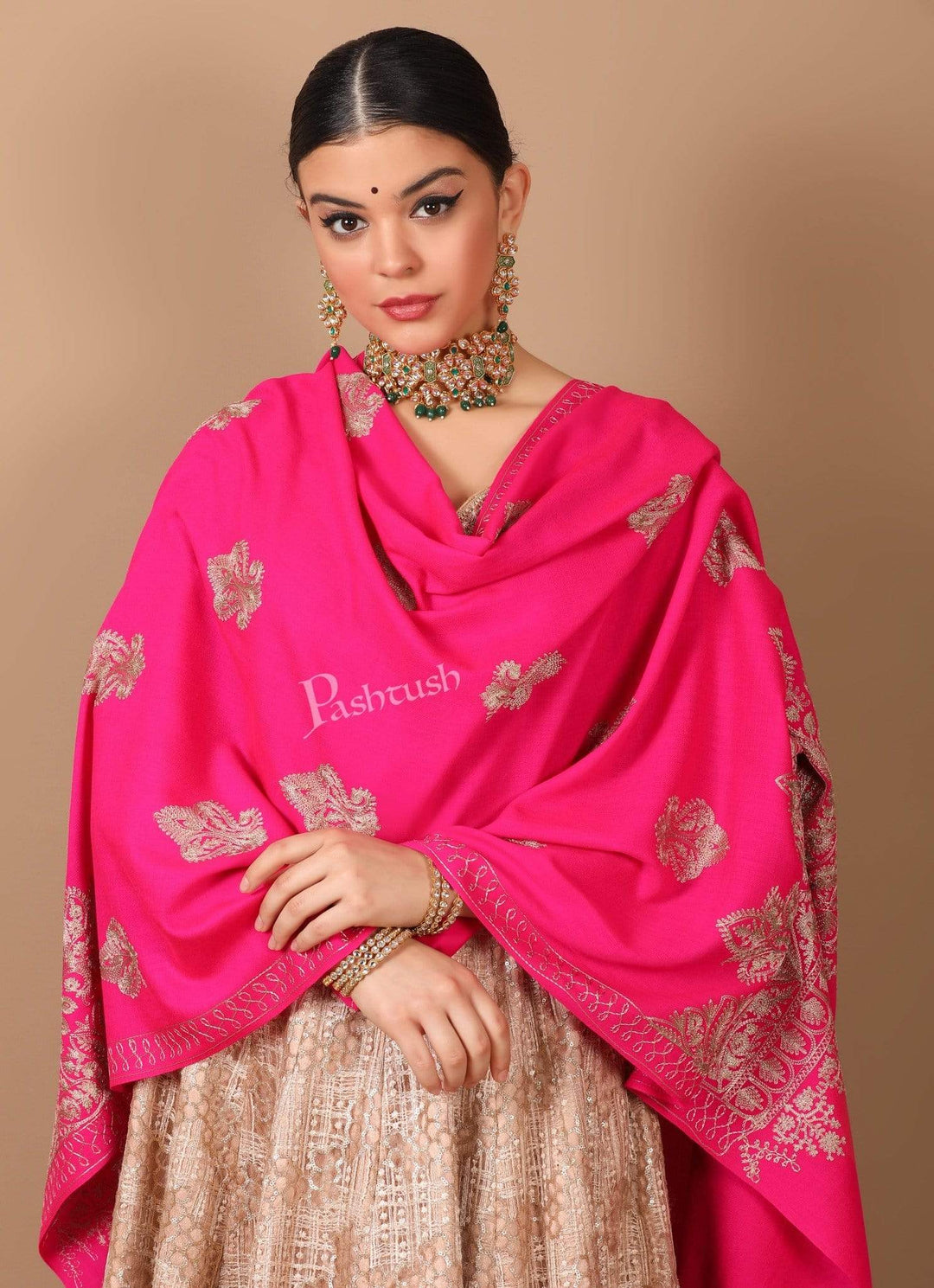 Pashtush Store Stole Pashtush Womens Fine Wool, Silky Nalki Embroidery Needlework Stole, Hot Pink