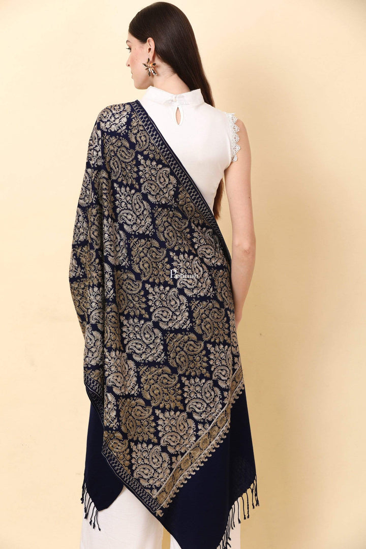 Pashtush Store Stole Pashtush Womens Fine Wool, Silky Nalki Embroidery Needlework Stole, Navy Blue