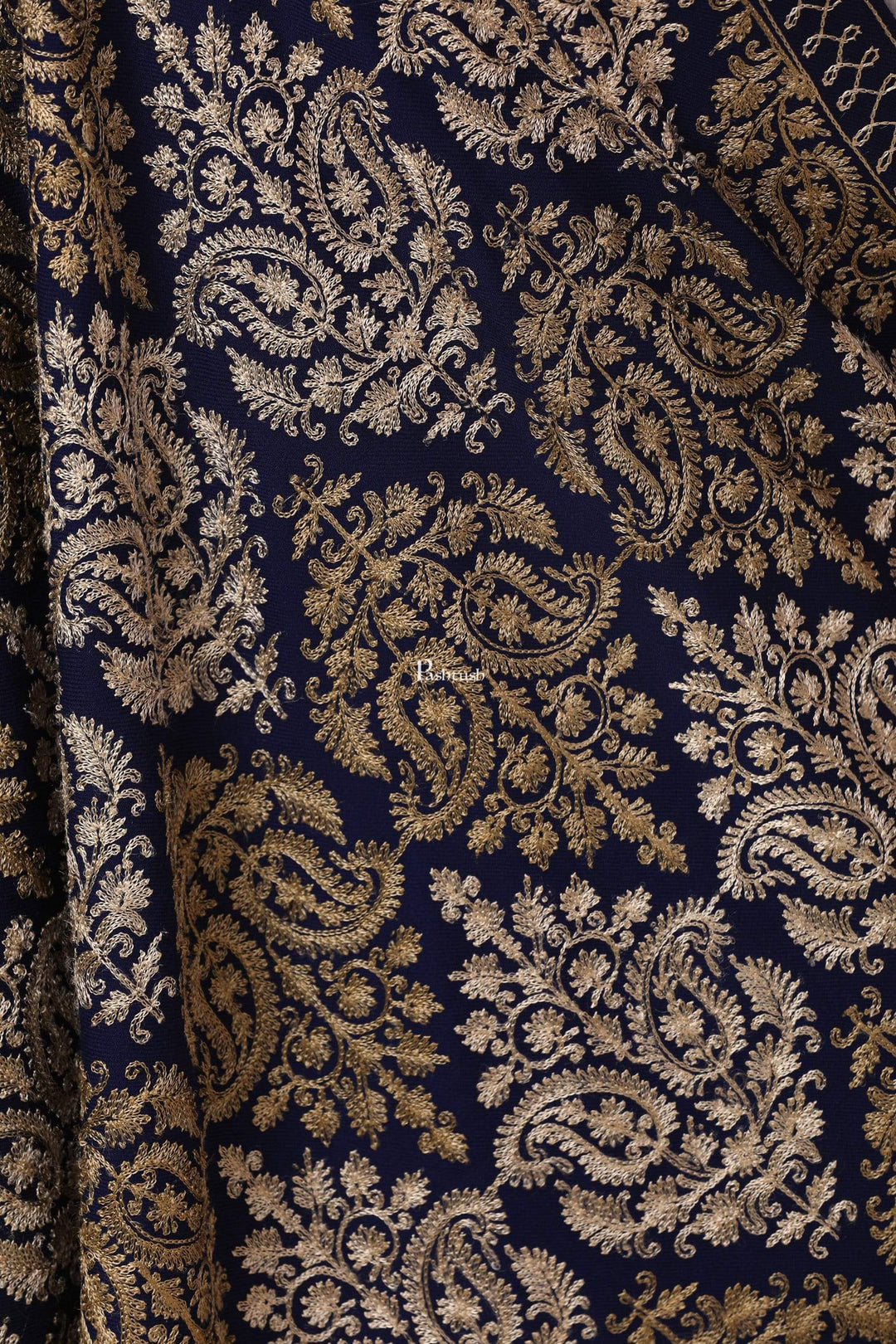 Pashtush Store Stole Pashtush Womens Fine Wool, Silky Nalki Embroidery Needlework Stole, Navy Blue