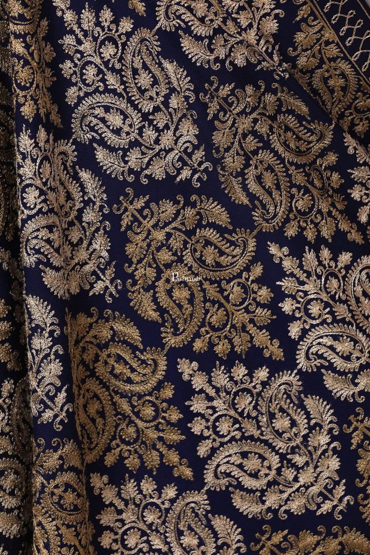 Pashtush Store Stole Pashtush Womens Fine Wool, Silky Nalki Embroidery Needlework Stole, Navy Blue