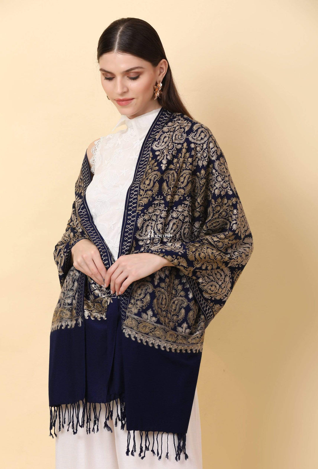 Pashtush Store Stole Pashtush Womens Fine Wool, Silky Nalki Embroidery Needlework Stole, Navy Blue