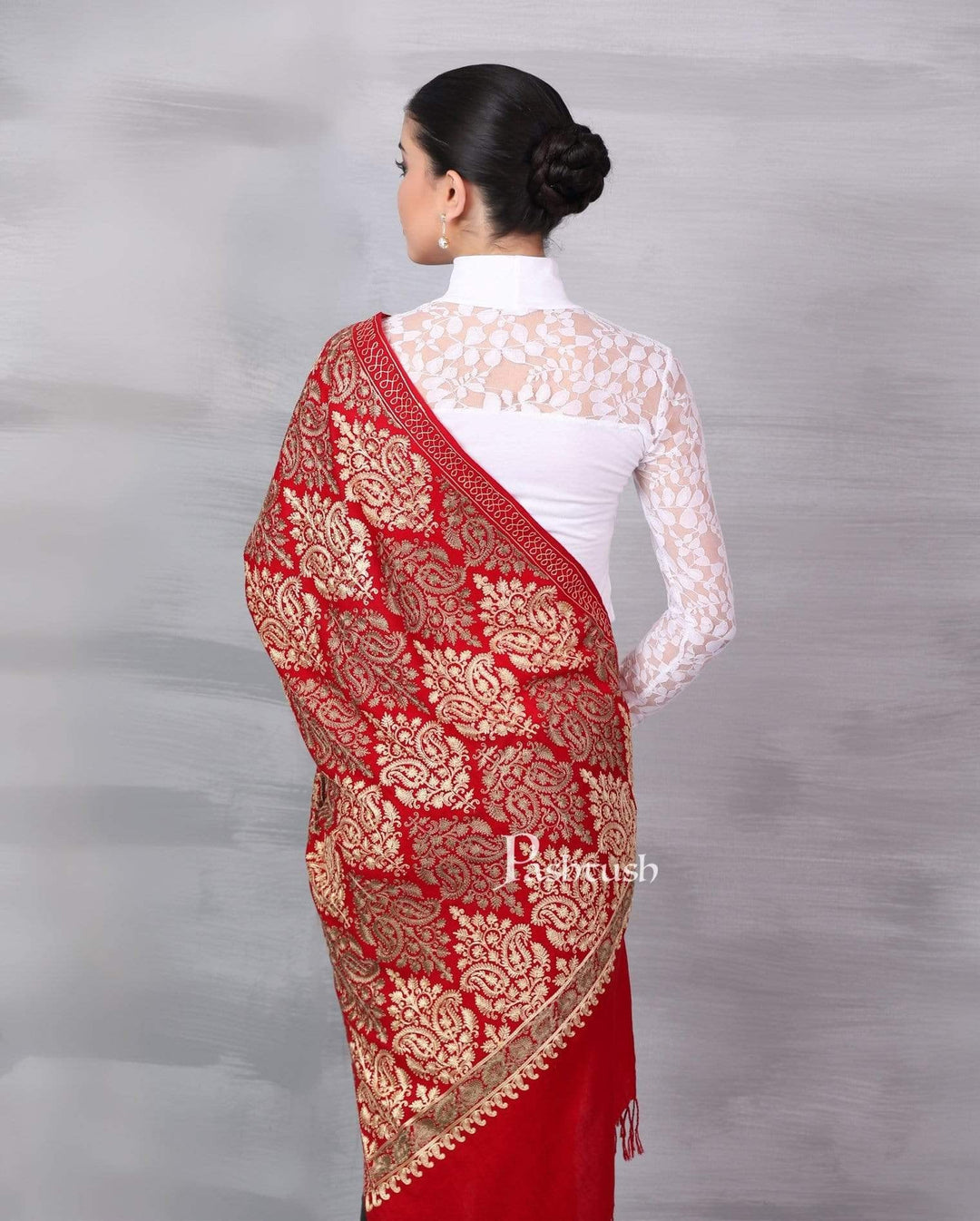 Pashtush Store Stole Pashtush Womens Fine Wool, Silky Nalki Embroidery Needlework Stole, Scarlet red