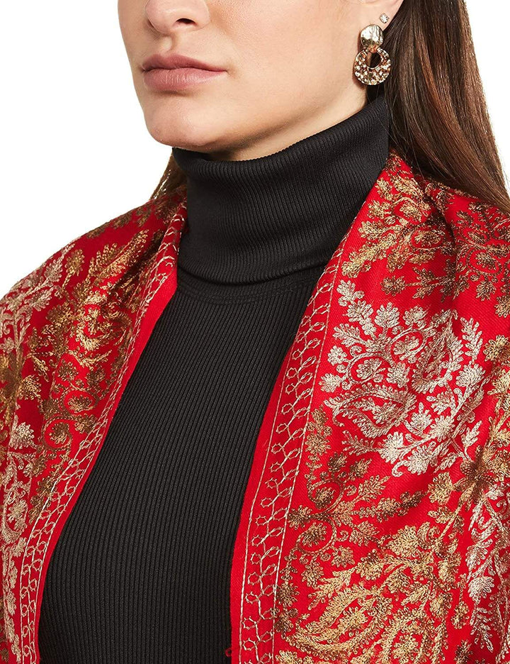 Pashtush India 70x200 Pashtush Womens Fine Wool, Silky Nalki Embroidery Needlework Stole, Scarlet red