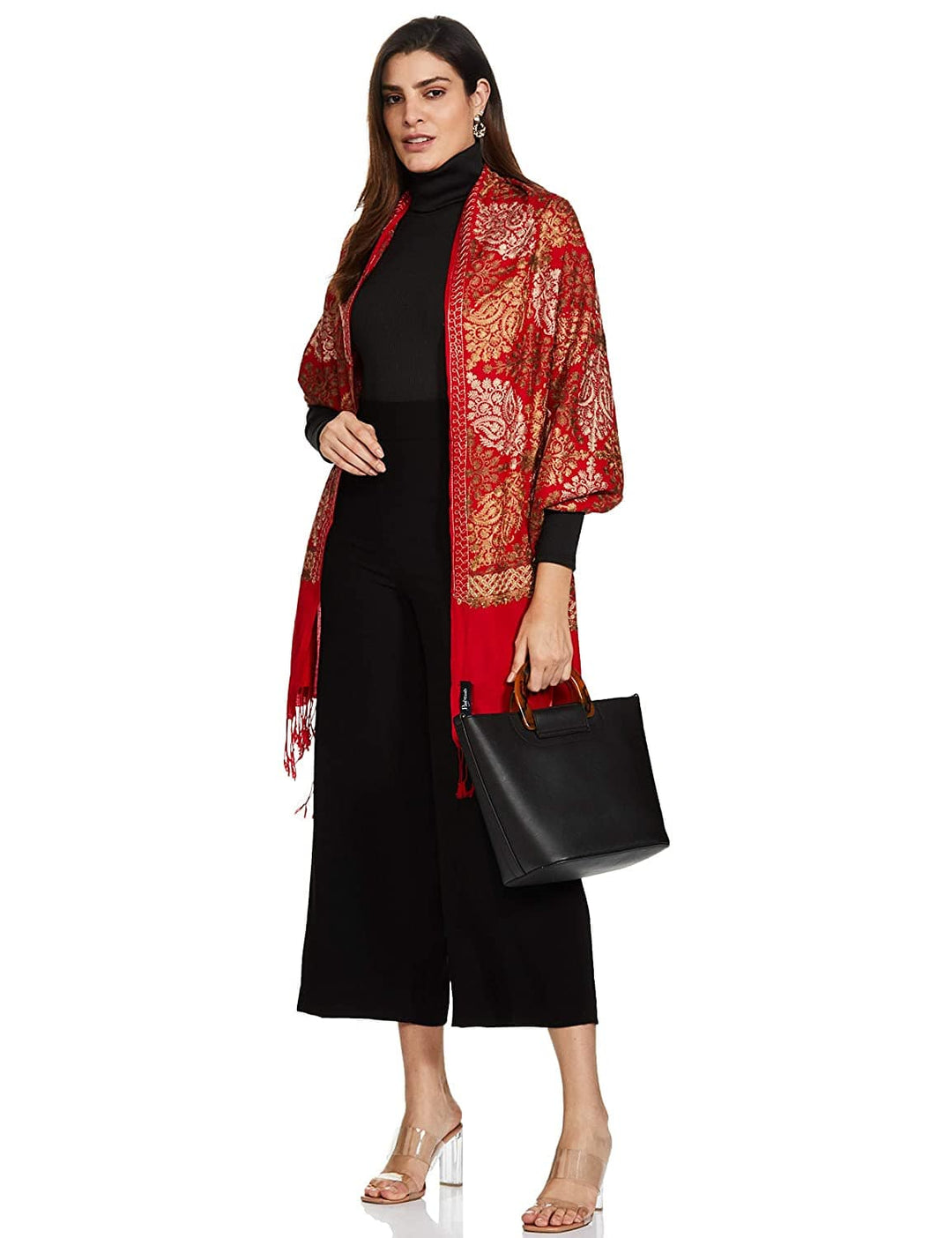 Pashtush India 70x200 Pashtush Womens Fine Wool, Silky Nalki Embroidery Needlework Stole, Scarlet red