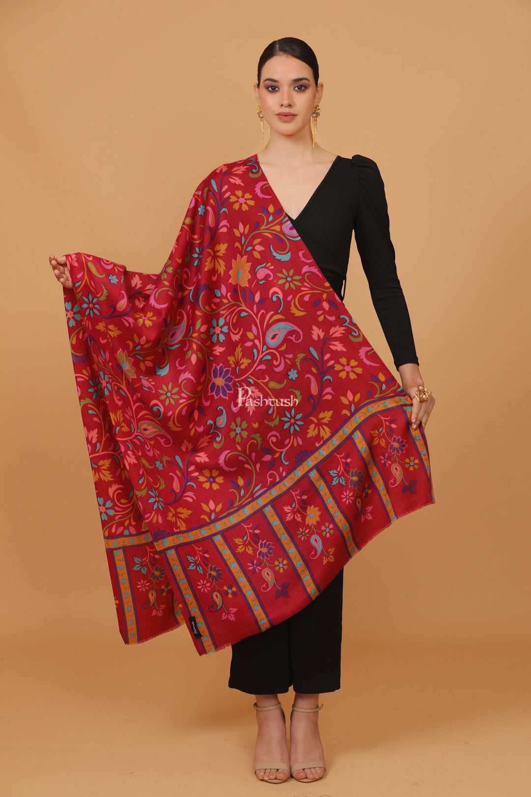Pashtush India Womens Stoles and Scarves Scarf Pashtush womens Fine Wool stole, 100% hand printed jaal floral design, Maroon