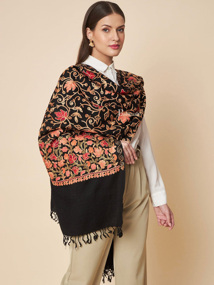 Pashtush India Womens Stoles and Scarves Scarf Pashtush Womens Fine Wool Stole, Aari Embroidery Design, Black